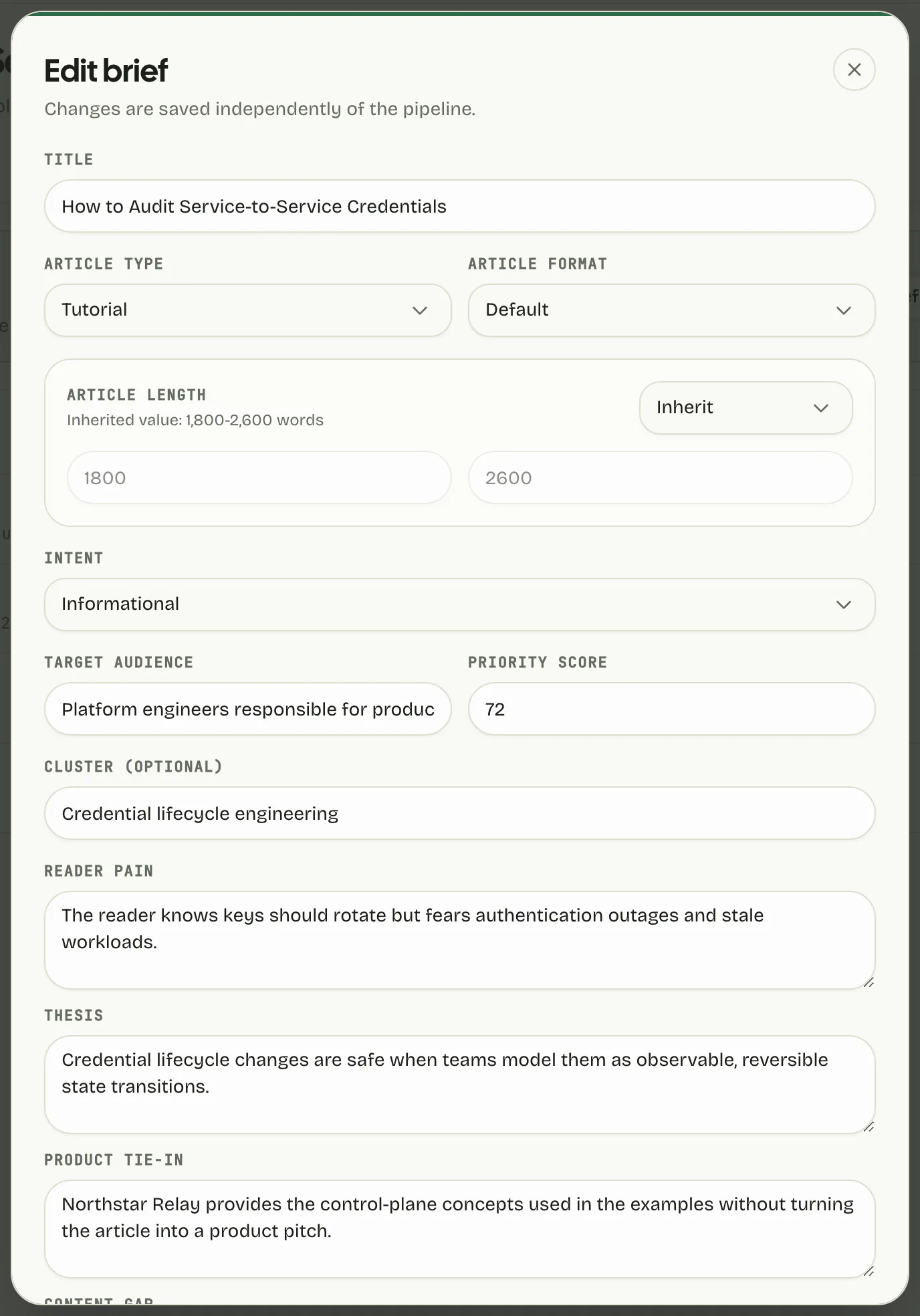 Cowrite brief editor with article type, format, intent, target audience, priority score, and SEO cluster fields