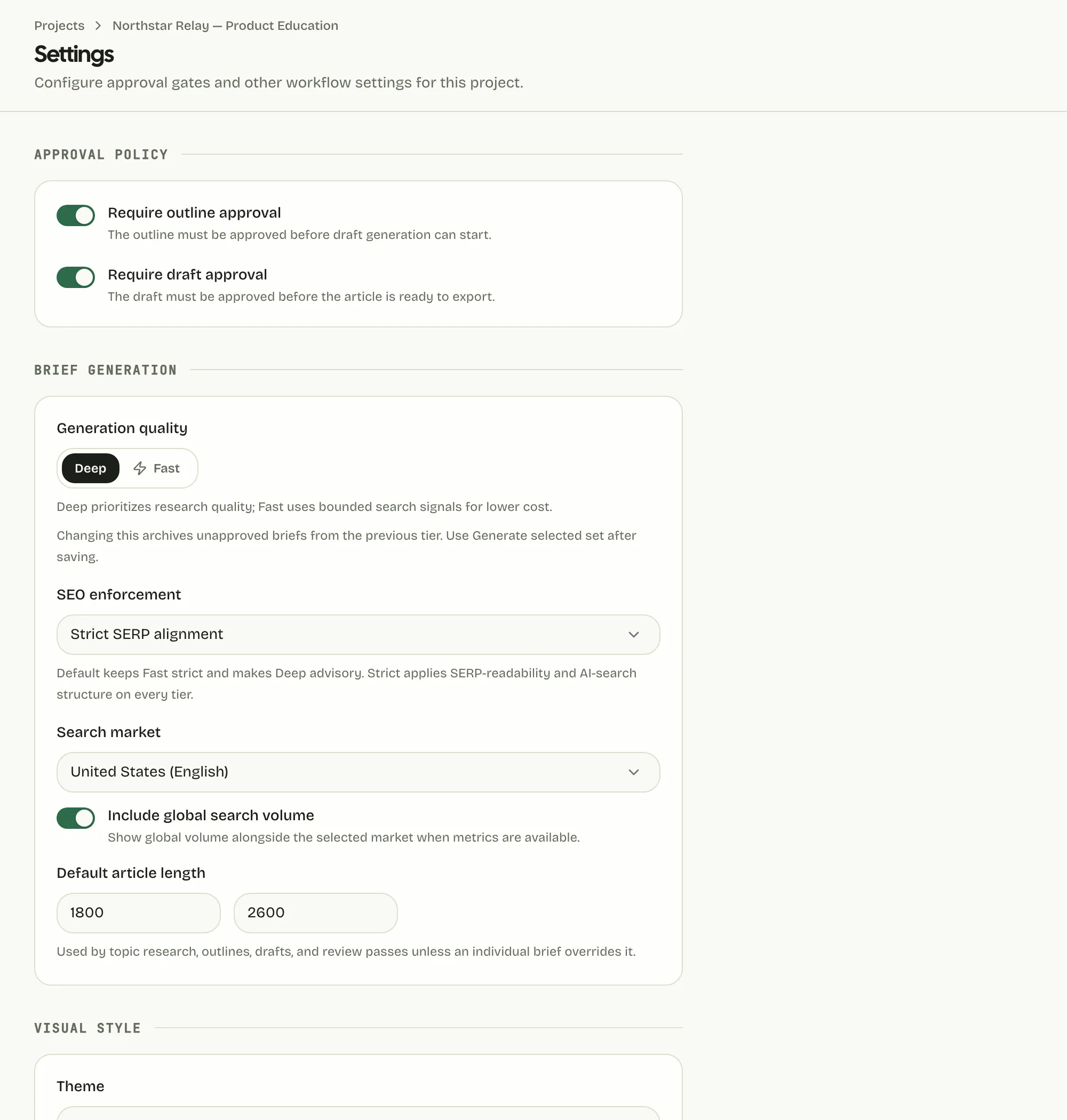 Cowrite project settings for outline and draft approval, research quality, SEO enforcement, and article length