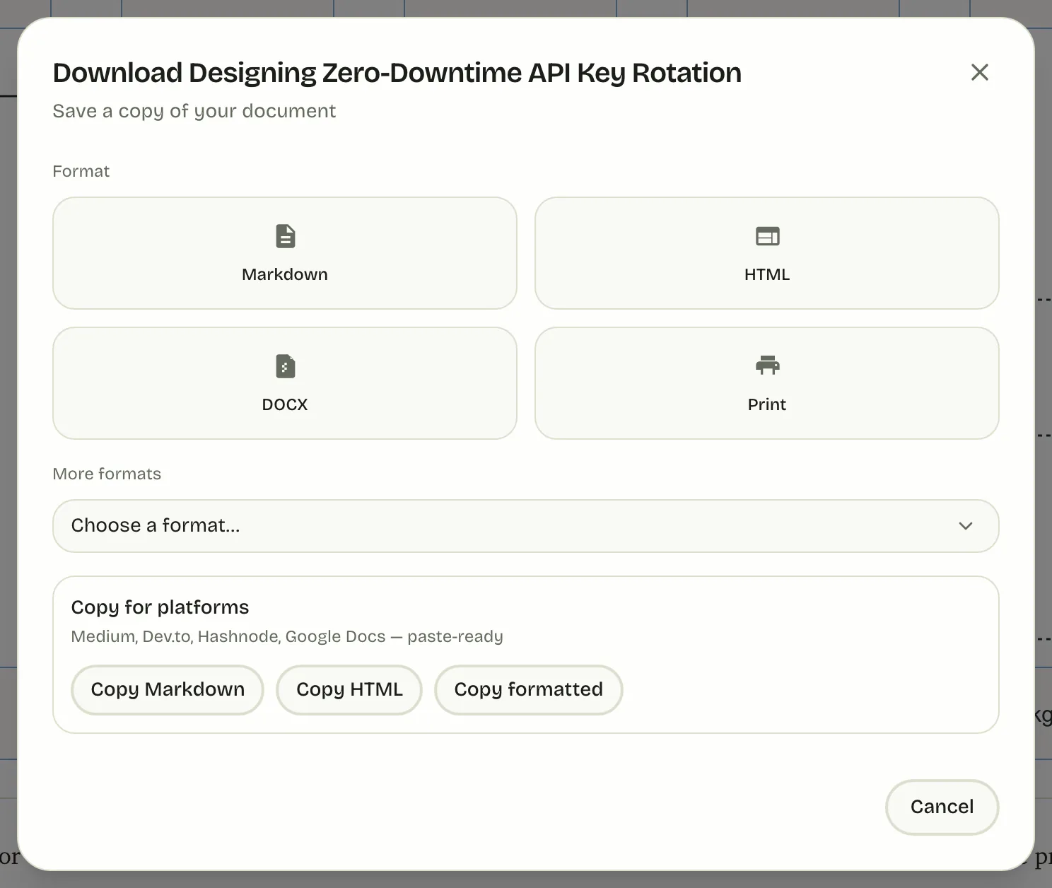 The Cowrite download dialog listing Markdown, HTML, DOCX, and print formats, plus copy-for-platform options.