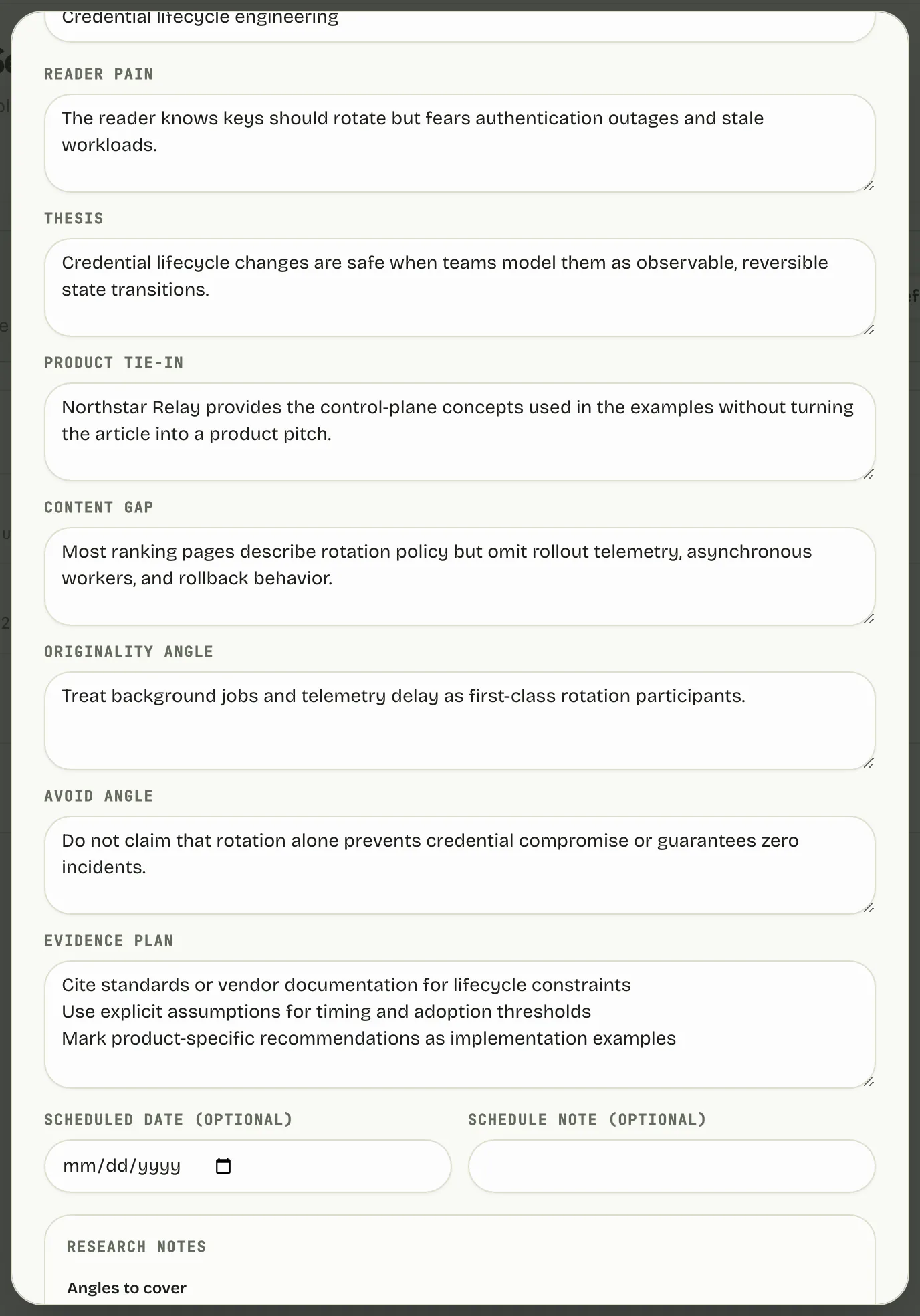 A Cowrite research brief with reader pain, thesis, product tie-in, content gap, and originality angle filled in.