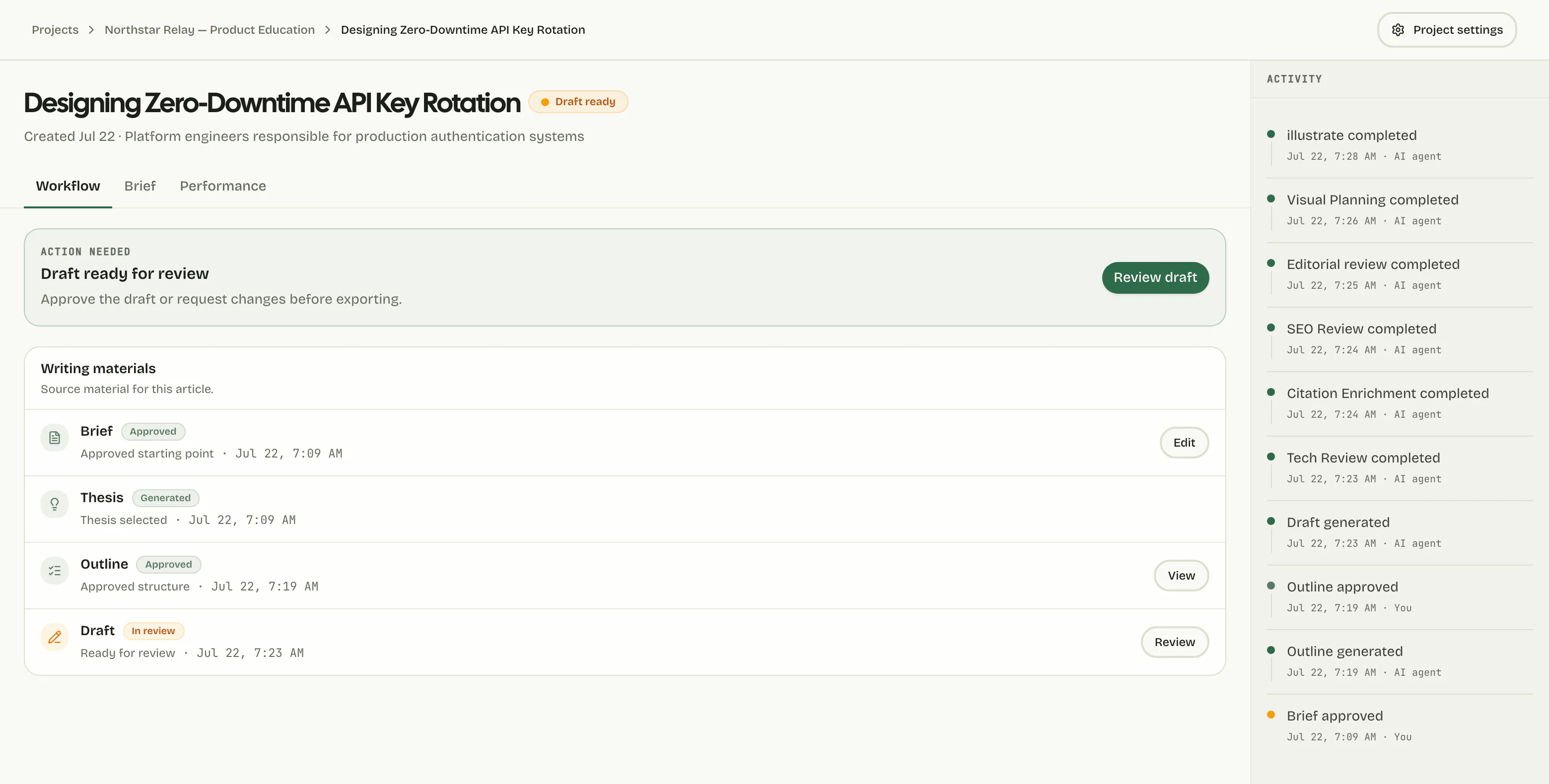 An article workflow page with its writing materials and an activity log showing agent steps and approvals marked You.